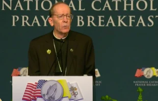 Bishop Thomas Olmsted of Phoenix delivers the keynote address at the National Catholic Prayer Breakfast in Washington, D.C., April 23, 2019.   EWTN.