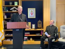 Archbishops Paul Etienne and J. Peter Sartain at a press conference on April 29, 2019. Image courtesy of Archdiocese of Seattle.