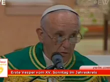 Pope Francis delivers his homily during Vespers with Paraguay clergy and religious. 