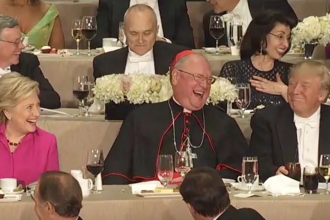 Screen shot from 2016 Al Smith Dinner including Hillary Clinton Cardinal Timothy Dolan and Donald Trump Screenshot NY Times YouTube video CNA
