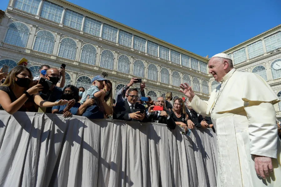 Pope Francis arrives for his general audience in the San Damaso courtyard at the Vatican, Sept. 16, 2020. ?w=200&h=150