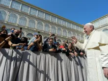 Pope Francis arrives for his general audience in the San Damaso courtyard at the Vatican, Sept. 16, 2020.