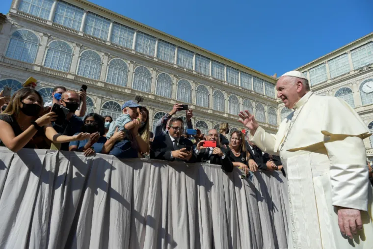 Pope Francis arrives for his general audience in the San Damaso courtyard at the Vatican, Sept. 16, 2020. Credit: Vatican Media. Other photos: Daniel Ibañez/CNA.
