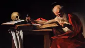 Saint Jerome Writing, a painting by Caravaggio, dated to 1605–06. Public domain.