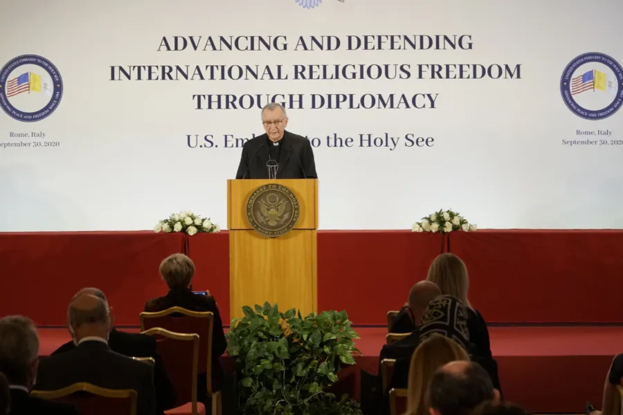 Cardinal Parolin speaks at a symposium organized by the U.S. Embassy to the Holy See in Rome Sept. 30, 2020. Photo ?w=200&h=150