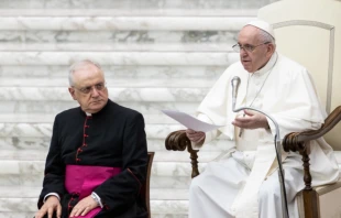Pope Francis delivers his general audience address in the Paul VI Audience Hall at the Vatican, Oct. 7, 2020.