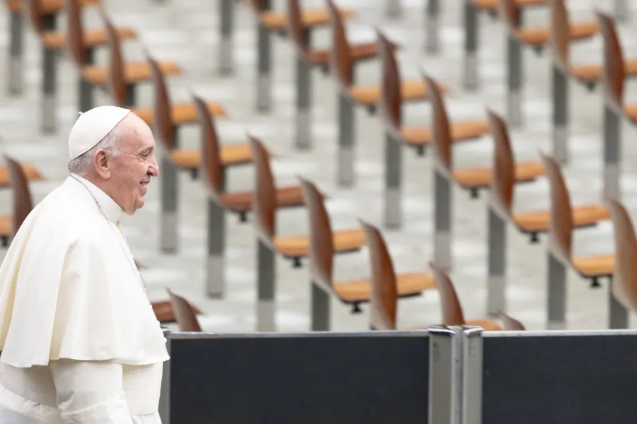 Pope Francis arrives for his general audience in the Paul VI Audience Hall at the Vatican Oct. 7, 2020. ?w=200&h=150