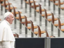 Pope Francis arrives for his general audience in the Paul VI Audience Hall at the Vatican Oct. 7, 2020. 