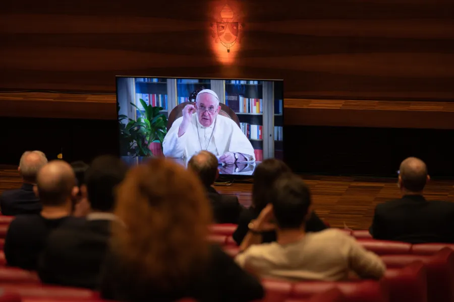 Pope Francis speaks in video message to participants in the launch of the Global Compact on Education Oct. 15, 2020. ?w=200&h=150