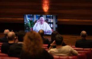 Pope Francis speaks in video message to participants in the launch of the Global Compact on Education Oct. 15, 2020.   Credit: Daniel Ibáñez/CNA.