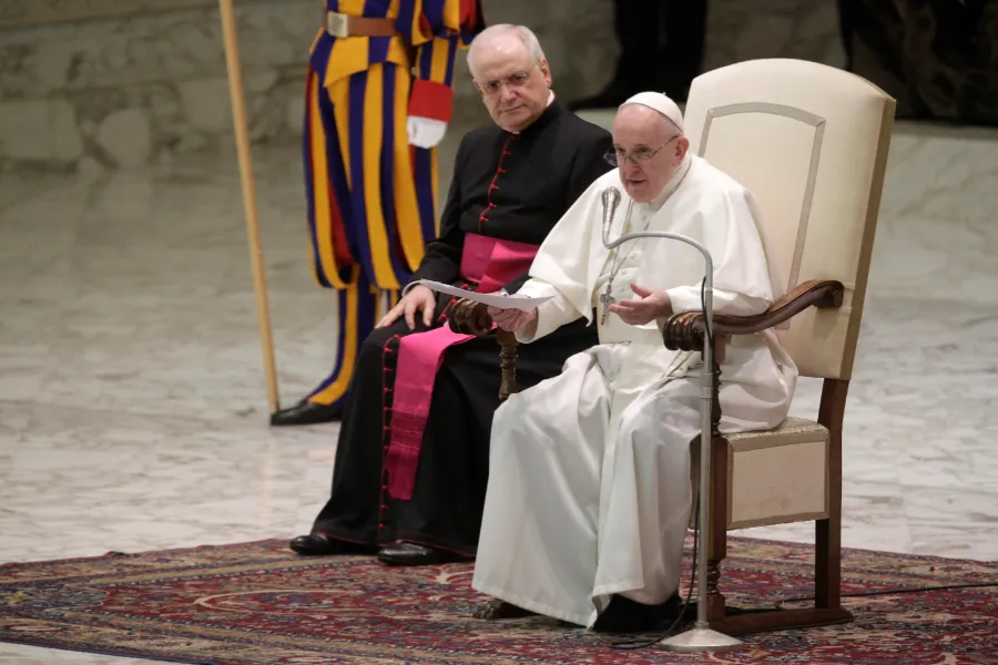 Pope Francis delivers his general audience address in the Paul VI Audience Hall at the Vatican, Oct. 28, 2020. ?w=200&h=150