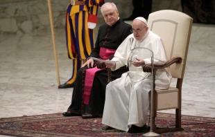 Pope Francis delivers his general audience address in the Paul VI Audience Hall at the Vatican, Oct. 28, 2020.   Pablo Esparza/CNA.