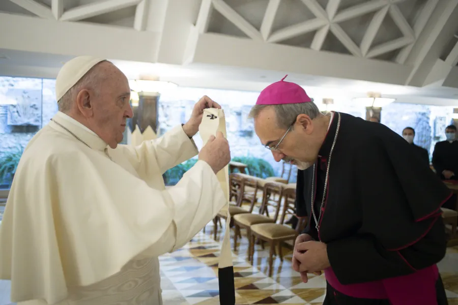Pope Francis bestows the pallium on newly appointed Latin Patriarch Pierbattista Pizzaballa Oct. 28, 2020. ?w=200&h=150