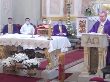 Bishop Yuri Kasabutsky celebrates Mass at the Cathedral of the Holy Name of St. Virgin Mary in Minsk, Belarus, Nov. 13, 2020. 