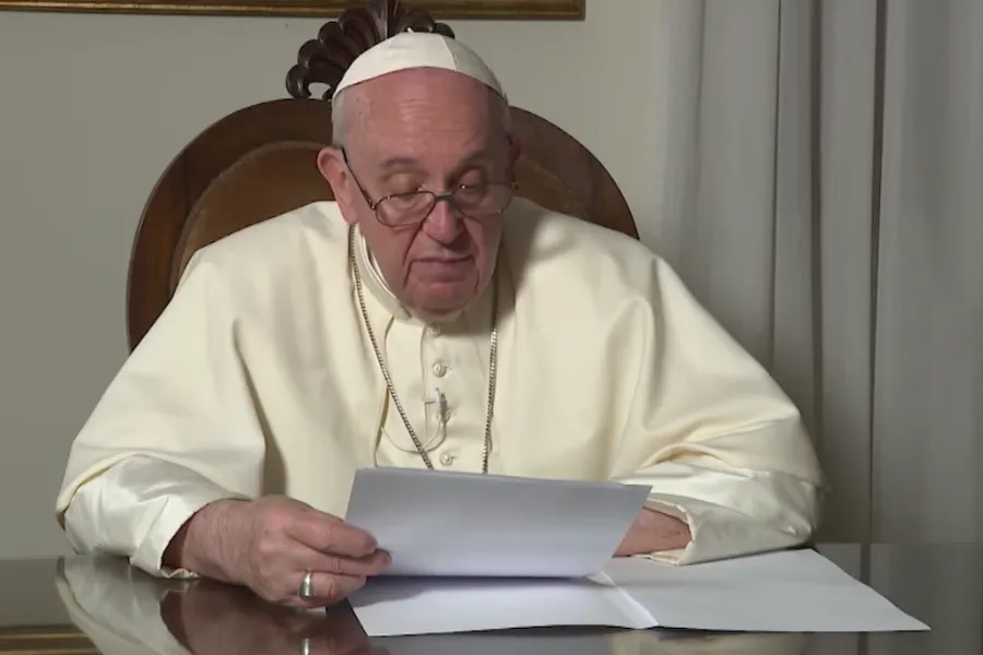Pope Francis records a video message delivered to a Catholic social doctrine conference Nov. 26, 2020. Screengrab from Vatican YouTube channel.?w=200&h=150