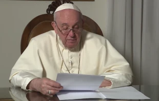 Pope Francis records a video message delivered to a Catholic social doctrine conference Nov. 26, 2020. Screengrab from Vatican YouTube channel.
