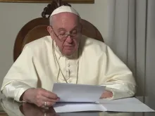 Pope Francis records a video message delivered to a Catholic social doctrine conference Nov. 26, 2020. Screengrab from Vatican YouTube channel.