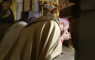 Patriarch Pierbattista Pizzaballa prays in the Church of the Holy Sepulchre in Jerusalem Dec. 4, 2020. Screenshot from livestream 