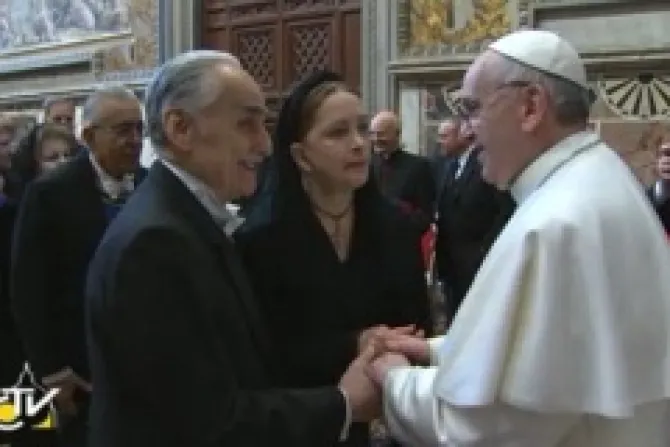Screenshot of Pope Francis meeting with diplomatic corps in Sala Regia on March 22 2013 Credit CTVCNA