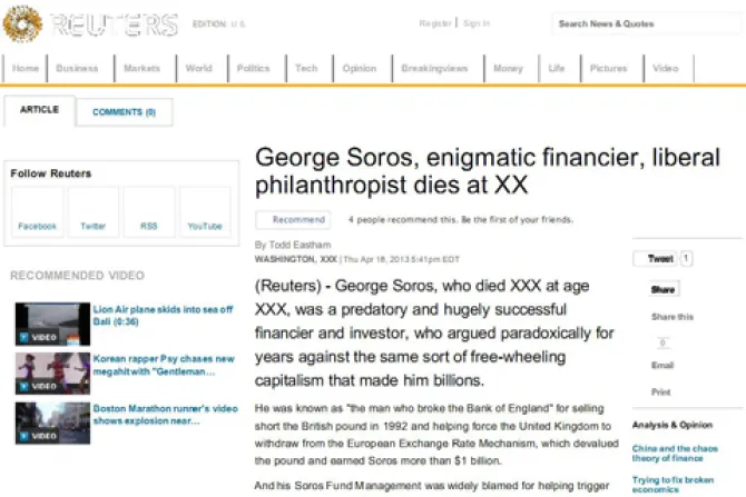 Screenshot of the George Soros Obituary on Reuters CNA US Catholic News 4 22 13 1