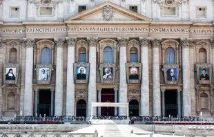 Banners depicting each of the new saints on dispaly at St. Peter's Basilica at the Vatican.   Daniel Ibanez/CNA