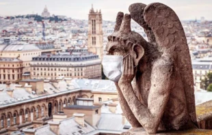 A medical maks on a gargoyle of Notre Dame in Paris.   Viacheslav Lopatin via Shutterstock.