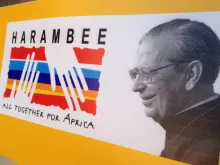 Signs for Harmabee Africa International outside the Basilica of St. Eugene in Rome, where Alvaro del Portillo's relics will be displayed following his Sept. 27 beatification. 