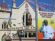 Signs posted across Colombo welcome Pope Francis, Jan. 13, 2015. 