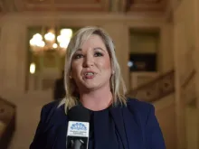 Sinn Féin vice president and northern leader Michelle O'Neill speaks to the media at Stormont, Jan. 9, 2020 in Belfast, Northern Ireland. 