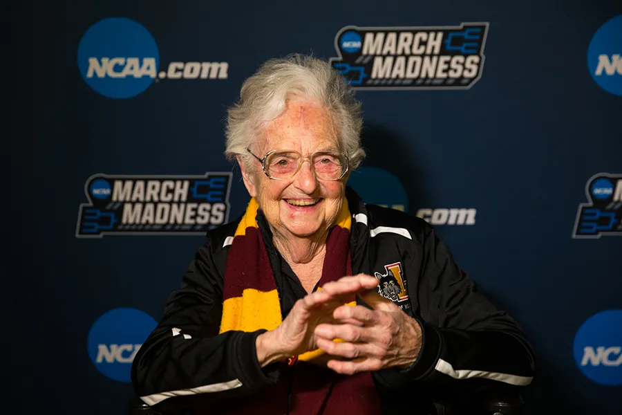Sister Jean Dolores-Schmidt at the first round game of the NCAA Tournament in Dallas, TX., on Thursday, March 15, 2018. .  Lukas Keapproth/Loyola University Chicago.