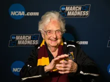 Sister Jean Dolores-Schmidt at the first round game of the NCAA Tournament in Dallas, TX., on Thursday, March 15, 2018. 