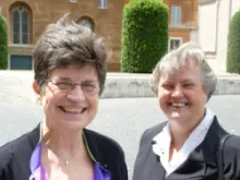  Sister Pat Farrell, President of the LCWR, and Executive Director Sister Janet Mock leave the Congregation for the Doctrine of the Faith in Rome on June 12, 2012.