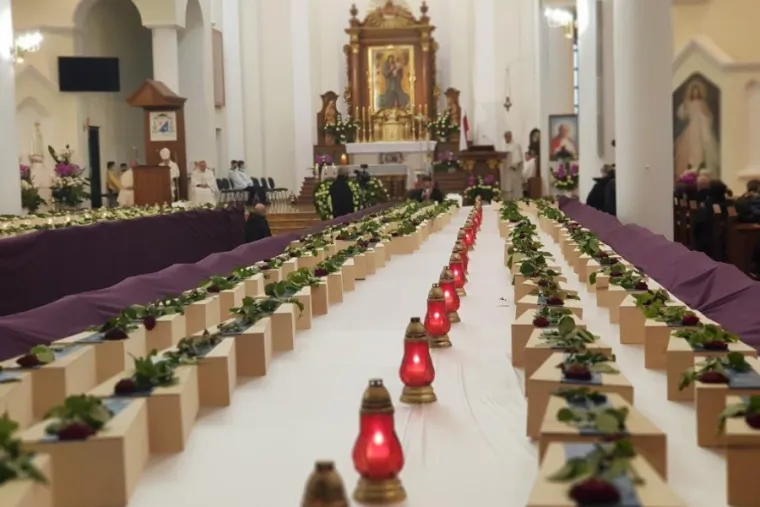The coffins of 640 unborn children in the Church of Holy Trinity in Gończyce, Poland, Dec. 12, 2020. Photo credits: Bogdan Romaniuk.