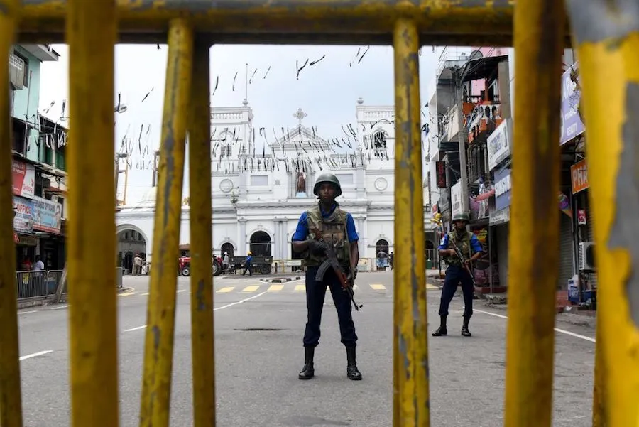 Sri Lankan soldiers stand guard outside St. Anthony’s Shrine in Colombo, April 29, 2019. / Lakruwan Wanniarachchi / AFP / Getty Images.