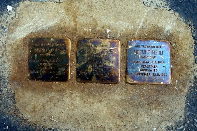 Stolpersteine remembering Mario Segre Noemi Cingoli and their son Marco Segre located outside the Swedish Institute in Rome Credit DBirdie via Wikimedia CC BY S