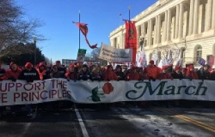 Students from Benedictine College in Kansas carry the March for Life sign at the head of the March, Jan. 22, 2014.   Addie Mena/CNA.