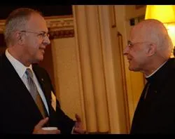 Carl Anderson greets Cardinal Francis George at the financial summit in Chicago. ?w=200&h=150