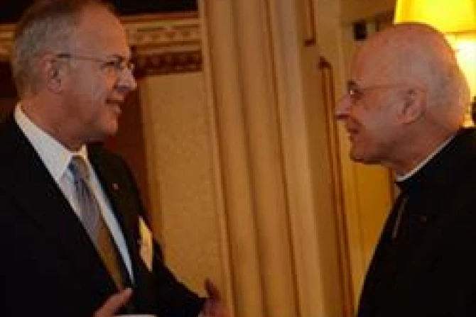 Supreme Knight Carl Anderson greets Cardinal Francis George OMI archbishop of Chicago at the conference Credit Knights of Columbus CNA US Catholic News 10 14 11