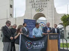  Supreme Knight Carl Anderson makes an announcement at Los Angeles Memorial Coliseum July 14, 2014. Photo courtesy of the Knights of Columbus.