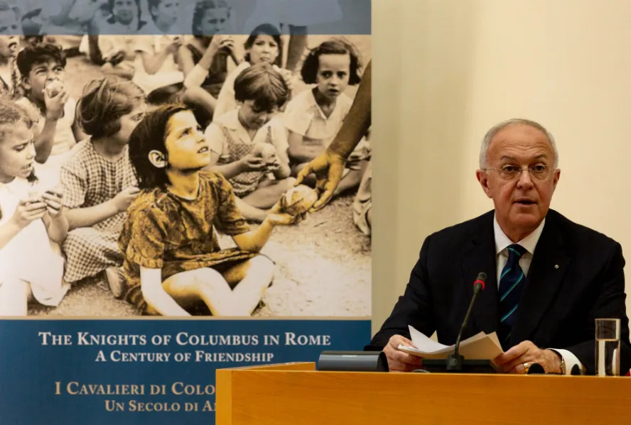Supreme Knight Carl Anderson of the Knights of Columbus speaks at a press conference in Rome, Feb. 11, 2020. ?w=200&h=150