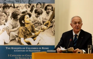 Supreme Knight Carl Anderson of the Knights of Columbus speaks at a press conference in Rome, Feb. 11, 2020.   Daniel Ibanez/CNA.