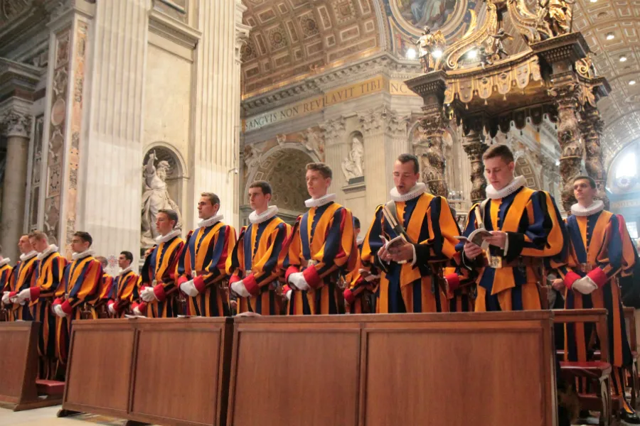 Swiss Guards attend a Mass prior to the swearing-in of their new members, May 6, 2016. ?w=200&h=150