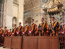 Swiss Guards attend a Mass prior to the swearing-in of their new members, May 6, 2016. 