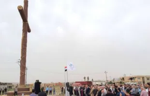 Syrian Catholic Archbishop Youhanna Boutros Moshe of Mosul blesses a newly-erected cross in Bakhdida, Iraq, May 2, 2017. Photo courtesy SOS Chretiens Orient. 