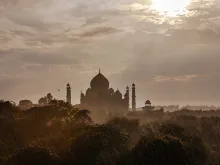 Taj Mahal seen from nature trail in Agra, India. 