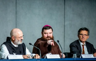 Bishop David Tencer points at a journalist while asking questions at an Oct. 17 press conference.   Daniel Ibanez/CNA