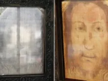 The Holy Face of Manoppello (L) with direct sunlight from behind the image, and (R) with direct sunlight in front, Jan 10, 2014. 