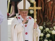 Pope Francis wears the red and white pallium around his neck during his Installation Mass in St. Peter's Square, March 19, 2013. 