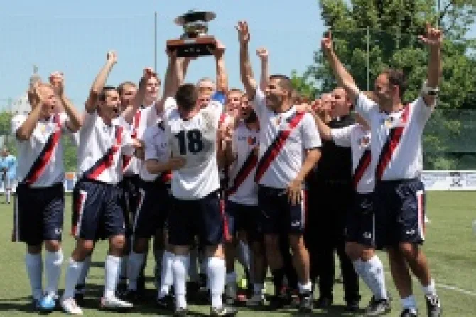 The North American Martyrs celebrate winning the Clericus Cup at the Knights of Columbus Field on May 18 2013 Credit Stephen DriscollCNA