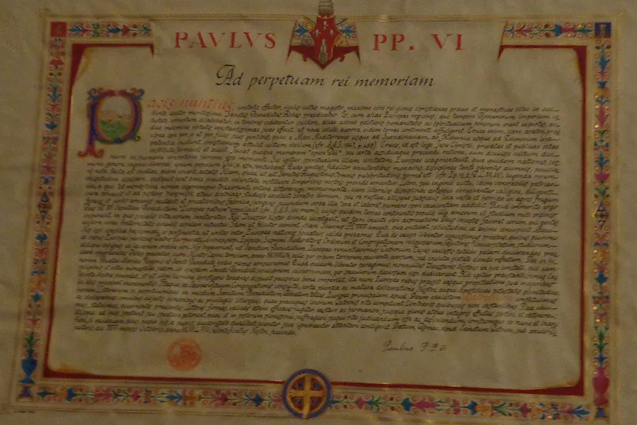 'Pacis nuntius', the Oct. 24, 1964 apostolic letter by which Bl. Paul VI declared St. Benedict a patron of Europe, displayed at Montecassino abbey.?w=200&h=150